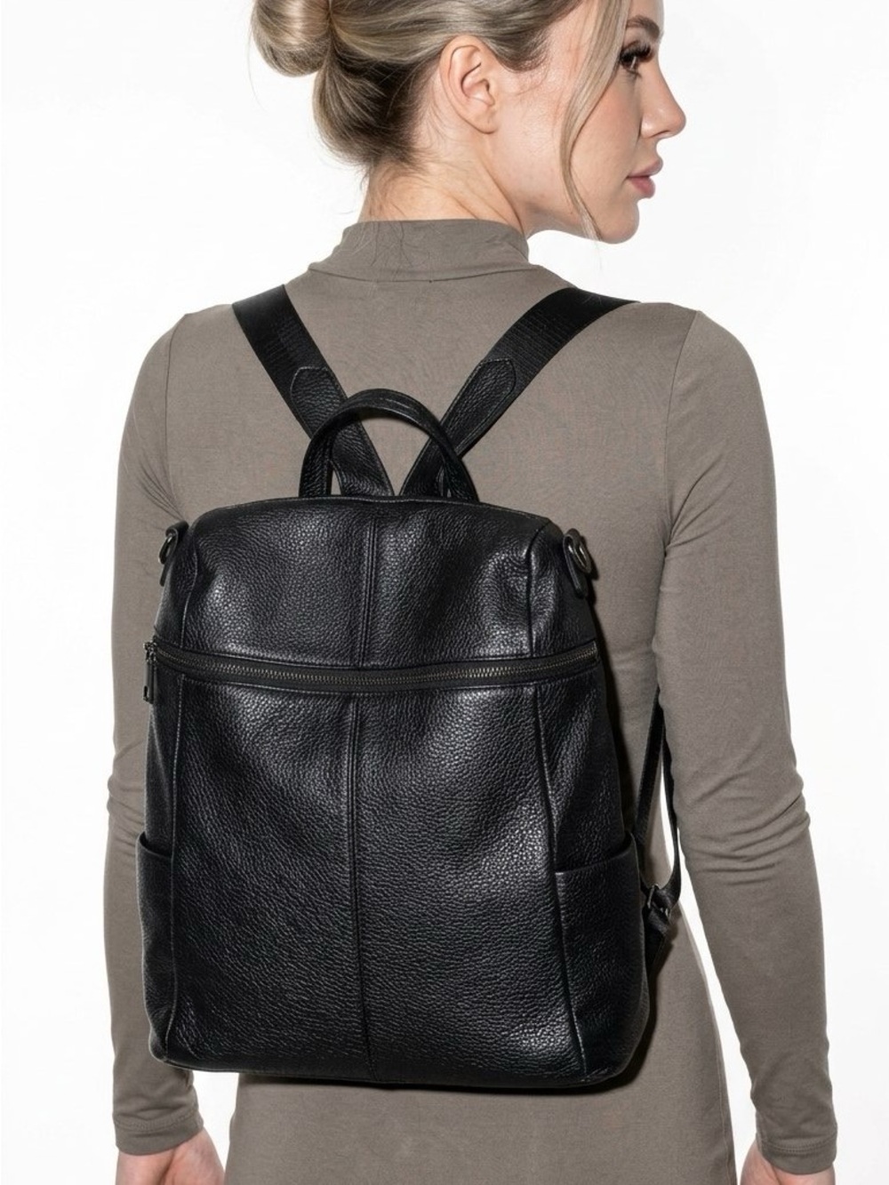 BOYATU BLACK LEATHER CONVERTIBLE BACKPACK PURSE WOMAN